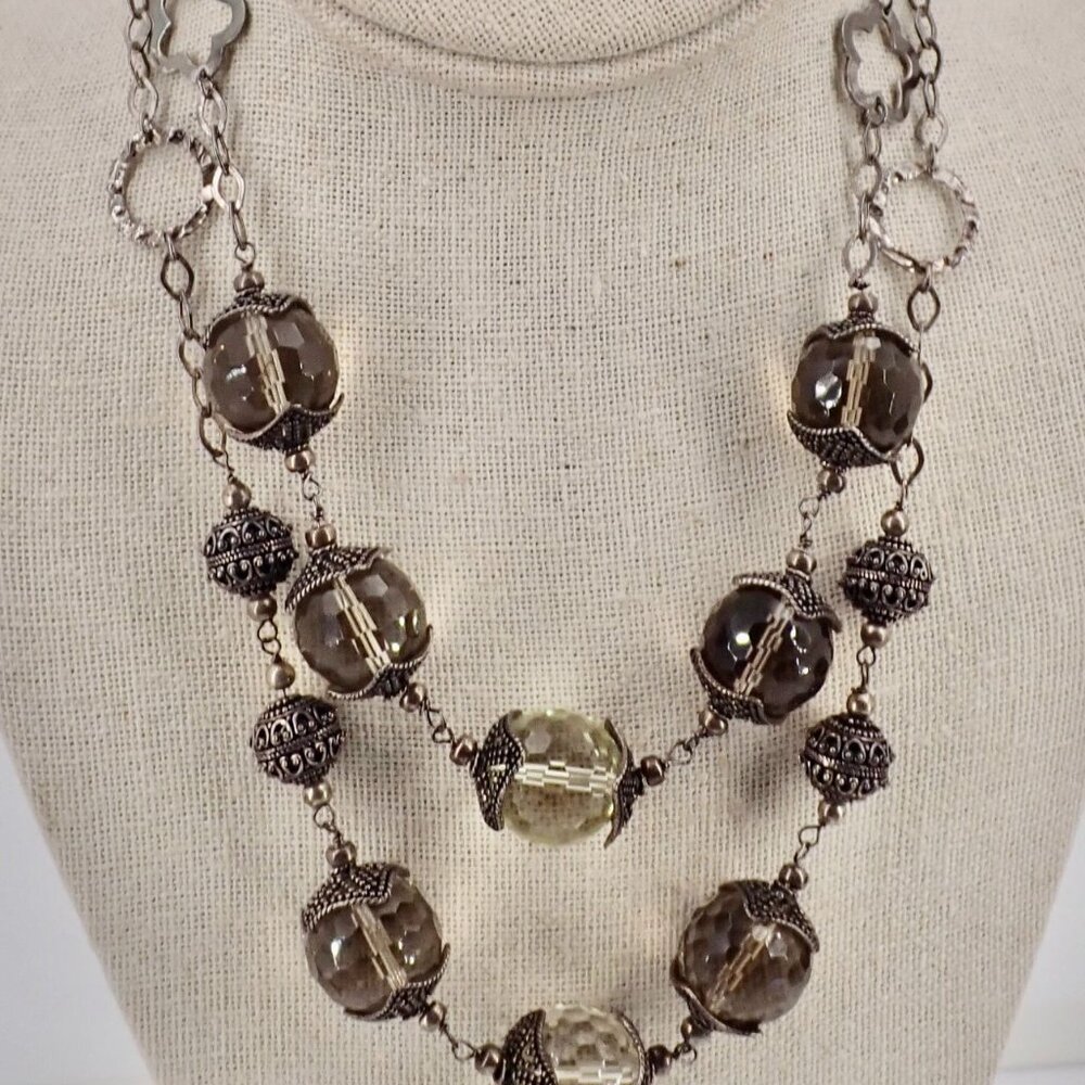 Vintage Necklace European 800 Silver Smokey Topaz Multifaceted Double Strand